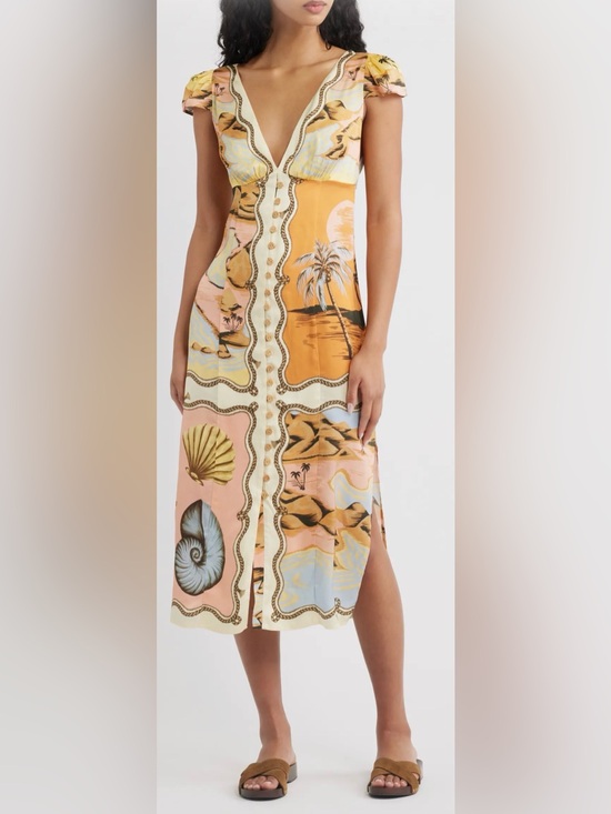 FARM Rio Dresses & Skirts - FARM Rio Tropical Shell-Print Midi Dress in Peach, Mustard & Cream